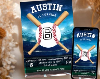 以下が含まれることがあります： 「AUSTIN」と「IS TURNING 6」の文字が入った野球をテーマにした誕生日招待状。デザインには、交差した野球のバット、野球ボール、スタジアムの背景が含まれています。招待状には日付、時間、住所も記載されています。