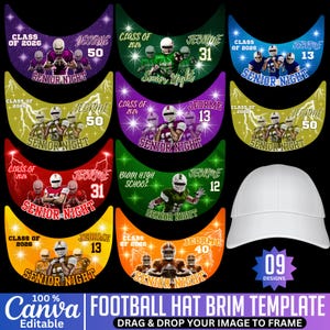 May include: A collection of football hat brim templates with various designs. Each template features a football player graphic, the text "Senior Night," and the year "2026." The designs include different color schemes and player numbers. A white baseball cap is also included.
