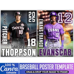 May include: Two baseball poster templates featuring players in uniforms. One player wears a black uniform with the name "THOSTON" and the number 18. The other player wears a purple uniform with the name "EVANS" and the number 12. The template includes the text "BASEBALL POSTER TEMPLATE".