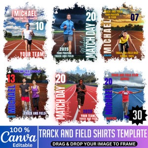 Op de afbeelding: Een verzameling templates voor atletiekshirts met atleten op een atletiekbaan. Elk ontwerp bevat tekst als "Michael", "Match Day" en "Track and Field School", samen met nummers en het Canva-logo. De templates zijn bewerkbaar.