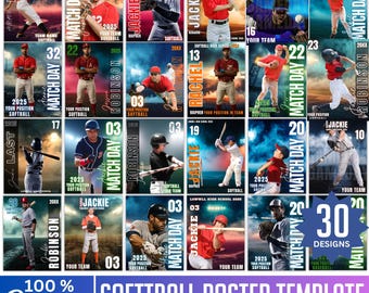 May include: A collection of 30 editable softball poster templates. Each template features a player in action, with space for team name, player name, position, and the year 2025. The design includes the text "Match Day" and "Softball Poster Template."