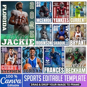 Peut inclure: Un mod&egrave;le modifiable sur le th&egrave;me du sport avec plusieurs images d'athl&egrave;tes. Le mod&egrave;le comprend du texte tel que "TEXAS JACKIE", "CURRY 5" et "SPORTS EDITABLE TEMPLATE". Le logo Canva est &eacute;galement visible.