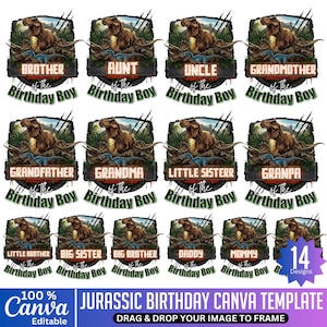 Può includere: Una collezione di 14 design per feste di compleanno a tema dinosauri. Ogni design presenta un'illustrazione di T-Rex con testo come "Fratello del festeggiato" e "Mamma del festeggiato". I design sono modificabili in Canva.
