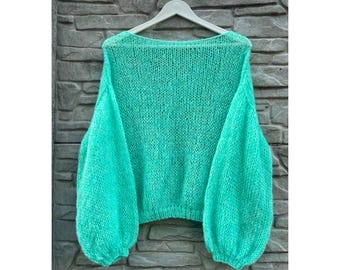 Maglione in mohair color menta | Maglione soffice lavorato a mano | Pullover verde chiaro | Maglione oversize | Regalo accogliente lavorato a maglia per lei