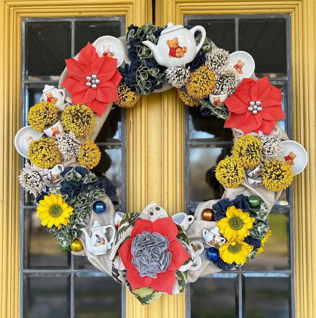 Tea Time Wreath, Porcelain Tea Set, Flowers, Vintage, Handmade Fabric