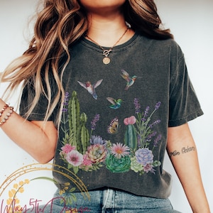 Hummingbird Womens Fashion Comfort Colors, Country Floral, Cactus Flowers Shirt, Butterfly Floral Shirt, Hummingbird Lover Gift, Wildflowers