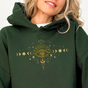 Moon Phases Hoodie, Witchy Woman Hoodie, Dark Art Spiritual Hoodie, Goth Tarot Hoodie, Celestial Boho Moon and Sun Astrology Sweatshirt