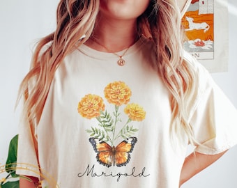 Marigold Birth Shirt, Comfort Colors, October Shirt, Marigold Gift, October Birth Flower Shirt, Botanical Shirt, Wildflower Shirt, Butterfly