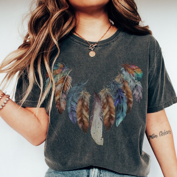 Boho Spring Festival Comfort Colors Bird Feathers Shirt Boho Tshirt Cottagecore Shirt Boho Spring Tee Feather Oversized Vintage Tees Women