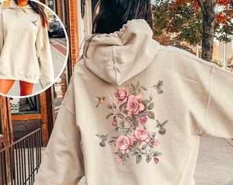 Wildflower Hoodie Hoodies for Women, Front and Back Print Vintage Pressed Flower Watercolor Boho Flower Hoodie Sweatshirt for Women