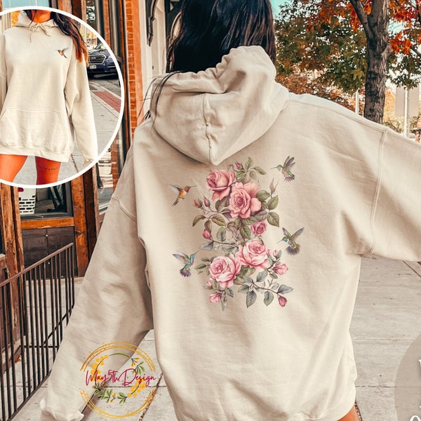 Wildflower Hoodie Hoodies für Frauen, Front- und Back Print Vintage Pressed Flower Aquarell Boho Flower Hoodie Sweatshirt für Frauen