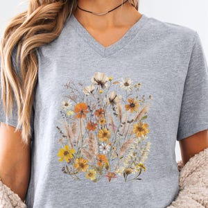 V Neck T Shirt, VNeck Shirts Women, Womens Floral Print Graphic Tees, Pressed Flowers T shirt, Trendy Casual Tee, Nature Plant Lover Tees