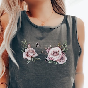 Comfort Color Tank Top Pink Floral Butterfly Tank Top Butterfly Tshirt Granola Girl Gift Butterfly Shirt Boho Flower Cottagecore Shirt Gift