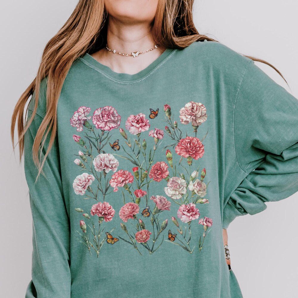 Floral Long Sleeve Shirt, Long Sleeve Flower Shirt, Cotton Long Sleeve Shirt, Ladies Long Sleeve,Carnation T-Shirt, Fall Long Sleeve Tshirt Livingtee