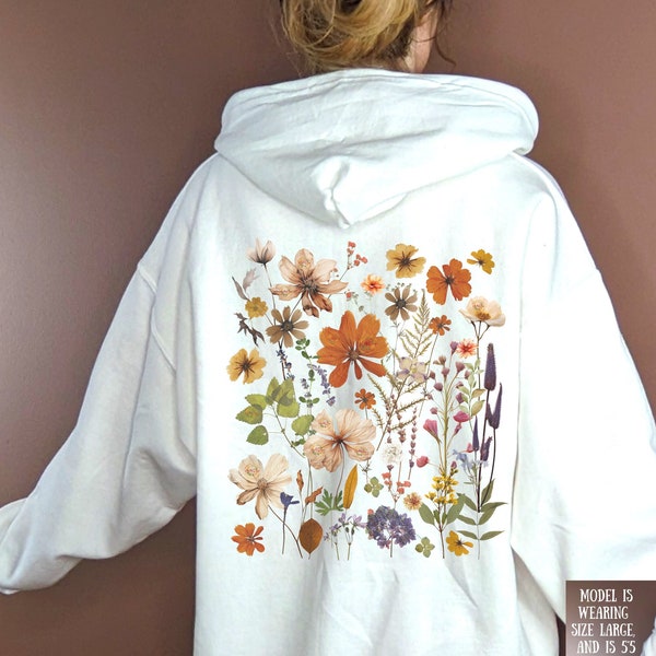 Full Zip Hooded Sweatshirt Boho Floral Cottagecore Crewneck Sweatshirt, Vintage Pressed Flowers Sweatshirt, Botanical Floral Flower Pullover