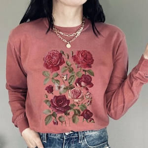 Vintage Roses Tshirt Long Sleeve Tshirt Comfort Colors Pressed Flowers Boho Floral Cottagecore Tshirt Botanical Garden Floral Tee