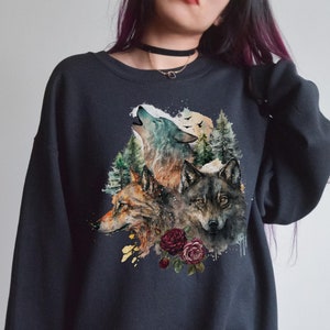 Wolf Sweatshirt, Wolf Hoodie, Wolf Sweater, Animal Gift, Cute Animal Sweatshirt, Wolf Moon Sweater, Cottagecore Sweatshirt, Wolf Gifts, C150