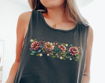 Women's Sunflower Graphic Tank Top - Loose Sleeveless Summer Top, Round Neck, Colorful Flower Print