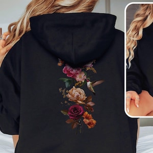 Floral Hooded Jacket Flower Bird Sweatshirt Zip Up Hoodie Zipped Up Hoodie Floral Hoodie Cute Garden Flower Hummingbird Clothing Bird Gift