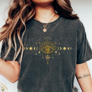 Celestial Comfort Colors Shirt, Moon Phase T-shirt, Boho Vintage Mystical Moon and Sun Tee, Spiritual Moon Women Clothing Gifts for Her, C15