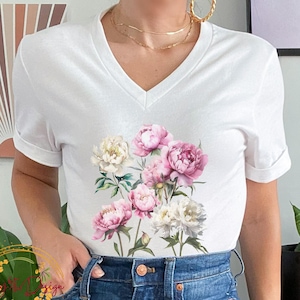 V Neck T Shirt, VNeck Shirt Women, Women Floral Print Graphic Tees, Pressed Flowers T shirt, Trendy Casual Tee, Nature Plant Lover Tees, #34