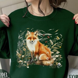 Sudadera de zorro para mujer, sudadera de zorro bonita, sudadera de zorro con flores, suéter de animales, sudadera Forestcore, camiseta de zorro de otoño, camiseta de zorro del bosque