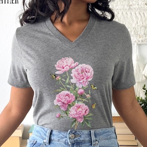 Floral V Neck T shirt for Women, V Neck T shirt, Women Flower Graphic Tees, Flower Print Top, Trendy Casual Tee, Flower Lover Gift Shirt, 9