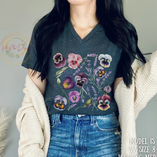 Short Sleeve V-Neck Tee for Women, Boho Floral Cottagecore Shirt, Fall Flowers Nature Lover Shirt, Wildflower Garden Lover Gift for Her