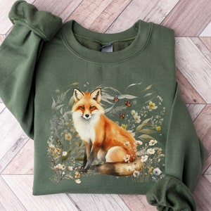 Sudadera con zorro Cottagecore, sudadera con zorro otoñal, sudadera Forestcore, suéter con animales, sudadera con zorro floral, regalo para amantes de los bosques para ella