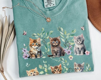 Cottagecore Cute Cat Shirt Comfort Colors Tshirt Vintage Floral Aesthetic Butterfly Kitten Cat Shirt Wild Flower Cat Person Gift for Her