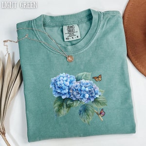 Cadeau fleur d&#39;hortensia bleu Chemise fleur d&#39;hortensia T-shirt papillon Chemise Cottagecore florale Fairycore Cadeau jardin de fleurs Cadeau amateur d&#39;hortensias