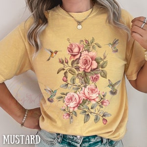 Boho Floral Cottagecore T Shirt, Comfort Color Shirt, Fall Flowers Nature Shirt, Wildflower Garden T-shirt, Bird Print Shirt, Gift for Women