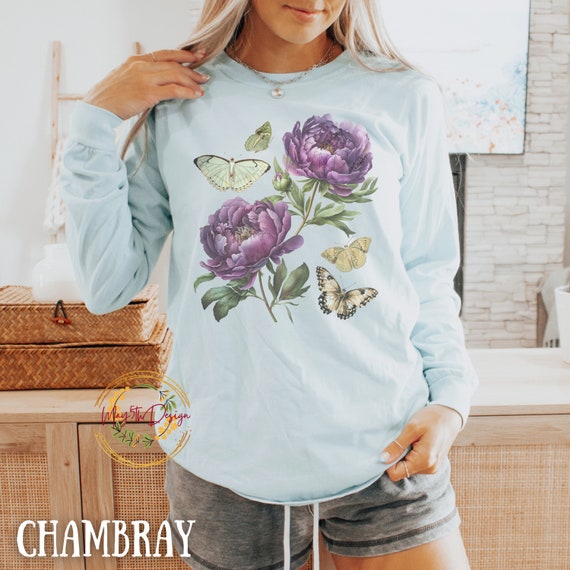 Langarmshirt Mit Pfingstrosen-Blumenprint - Klassischer Schnitt Für Damen