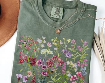 Pressed Flowers Tshirt, Boho Wildflowers Cottagecore Shirt, Oversized Vintage Botanical Tee, Comfort Color, Nature Lover Garden Lover Gift
