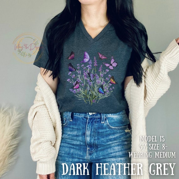 Floral T-shirt, Flower Shirts, V-Neck, Aesthetic Wildflower Shirt, Botanical Floral Minimalist Shirt for Women, Nature Lover Shirt Butterfly