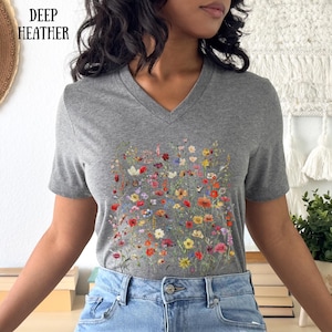Floral V Neck T shirt for Women, V Neck T shirt, Women Flower Graphic Tees, Flower Print Top, Trendy Casual Tee, Flower Lover Gift Shirt, 3