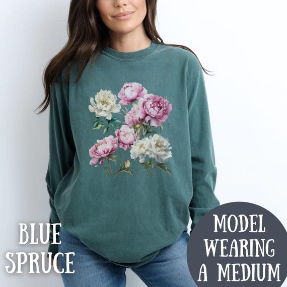 Camiseta de manga larga con estampado floral de peonías rosas