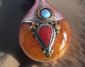 Traditional ethnic Tibetan handcrafted tear drop double sided Amber Resin pendant Inlay coral & turquoise 1.7”inch and 10grams