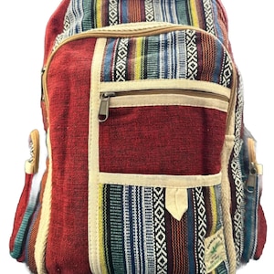 Gorgeous Himalayan Multicolor Handmade Medium Size Hemp And Cotton Mix Backpack With Stripes pattern With Multiple Pockets size 17”by 15”