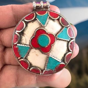 Vintage & Handcrafted Ethnic Tibetan Auspicious Floral Amulet Pendant With Bone And Inlay Turquoise And Coral Set In Tibetan Silver 71grams