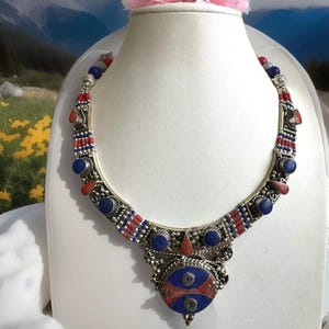 Vintage & Handcrafted Indo/Tibet Tribal Theme Handmade Necklace Inlay stones Set In Tibetan Silver 19”inch And 124grams