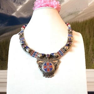 Vintage & Stunning Indo/Tibet tribal theme Handcrafted Pendant Necklace With Inlay Stones Set In Tibetan Silver 19”inch And 124grams