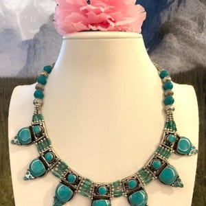 Vintage & stunning tribal theme handcrafted bib necklace inlaid with Turquoise stone set in Tibetan silver 18”inch long