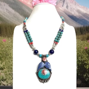 Stunning Vintage Style Indo/Tibet Tribal Theme 2 Strand Pendant Necklace With Silver Beads & Inlay Stones Set In Tibetan Silver 19”inch,87gr