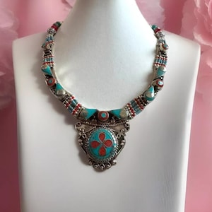 Stunning vintage style Indo/tibet tribal theme handcrafted necklace inlay with coral & turquoise set in Tibetan silver 18”in and 130 grams