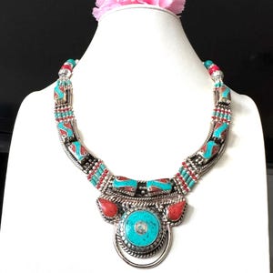 Vintage Style Handcrafted Indo/Tibet Ethnic Tribal Theme Pendant Necklace Inlay With Stones Set In Tibetan Silver 18”inch & 128Grams.