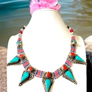 Vintage & stunning indo/tibet ethnic tribal theme handcrafted necklace inlay with turquoise,coral set in Tibetan silver 18”inch and 134grams