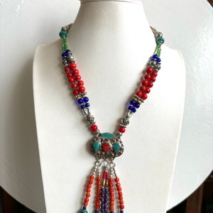 Stunning Ethnic Indo/Tibet Tribal Theme 2 Strand Pendant Necklace Dangle design With Tibetan Coral And Turquoise Set In Tibetan Silver 86gr