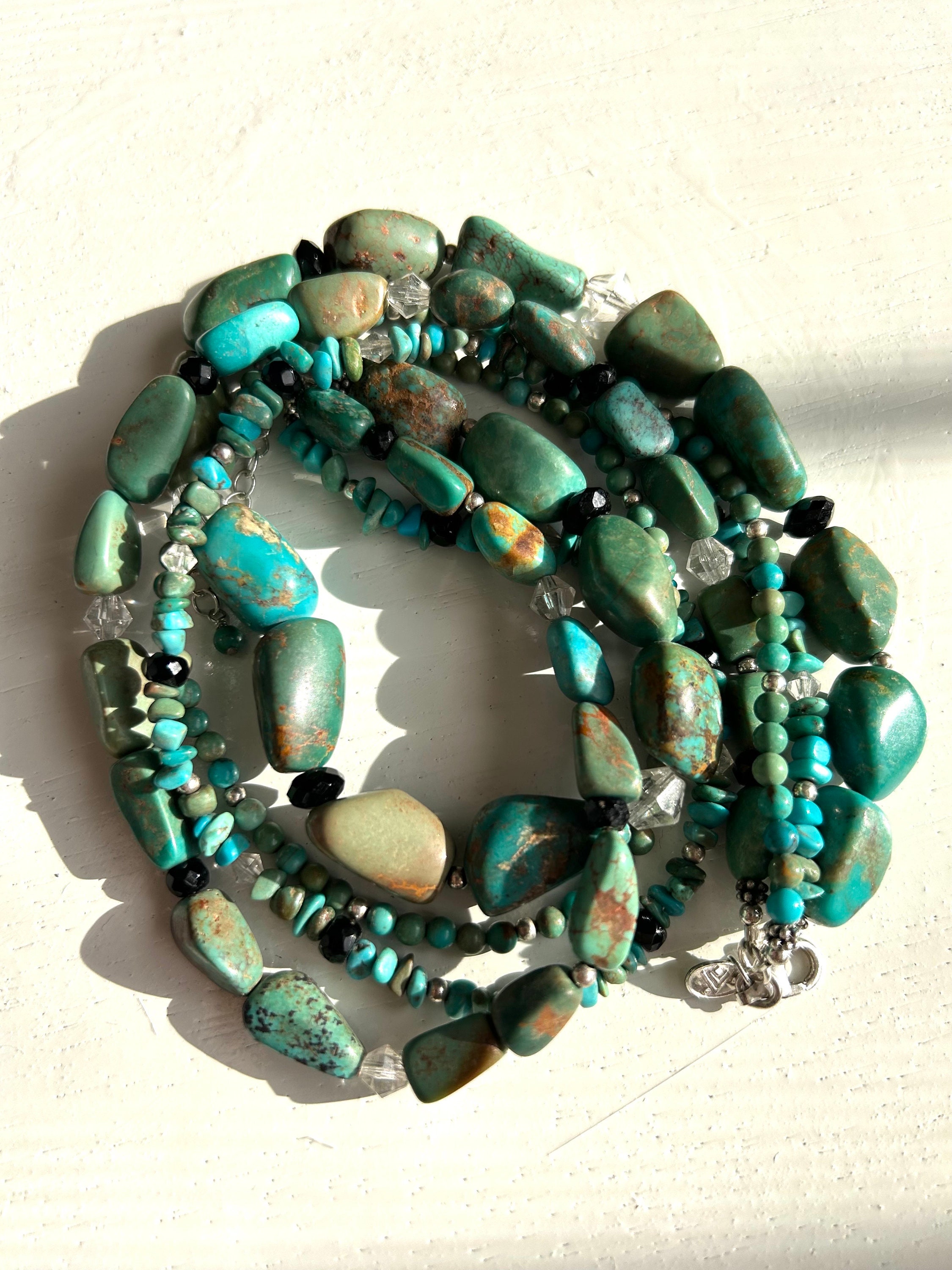 Collier Ancien Ethnique En Argent Avec 4 Rangs De Perles Turquoise - Bijou Vintage B2