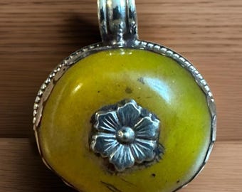 Vintage & Hand Carved Auspicious Floral Symbol Ethnic Tibetan Traditional Amber Bakelite Pendant Set In Tibetan Silver 1.75”inch And 15grams
